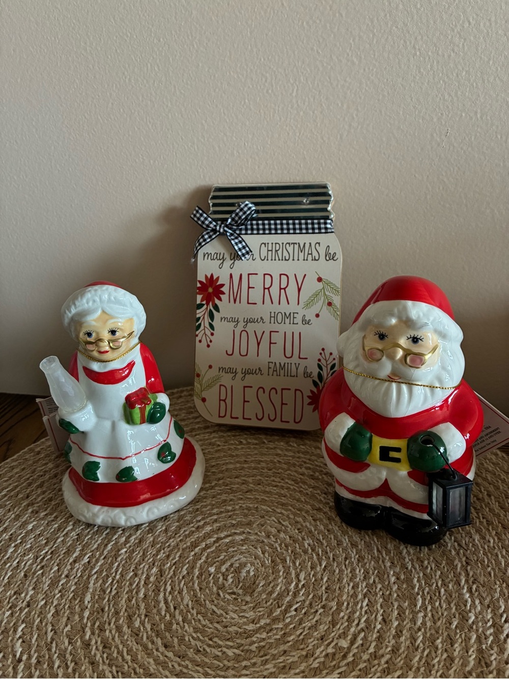 Mr. Christmas Santa and Mrs. Claus Ceramic Figurine Set and Wooden Jar Decor